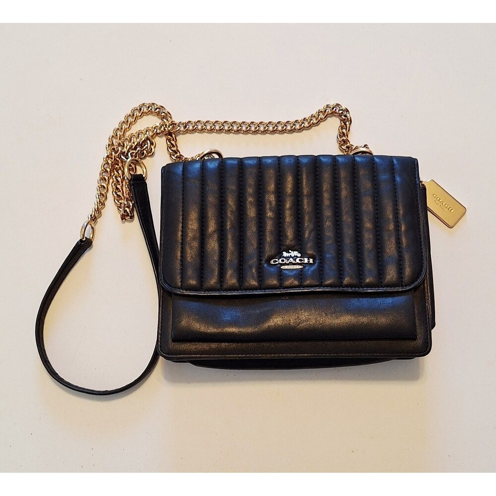 Coach New York Klare Black Crossbody With Linear Quilting Gold Chain Strap